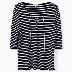 Love, Fire Navy & White Striped Lace-Up V-Neck Top | XL